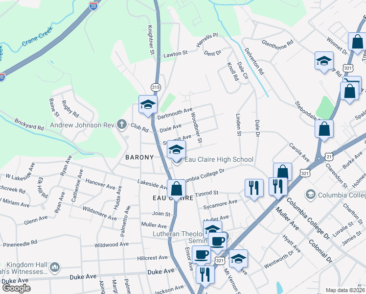 map of restaurants, bars, coffee shops, grocery stores, and more near 710 Summit Avenue in Columbia