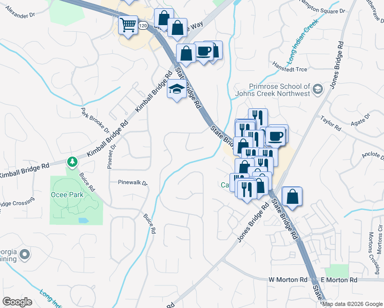 map of restaurants, bars, coffee shops, grocery stores, and more near 175 Braided Blanket Bluff in Alpharetta