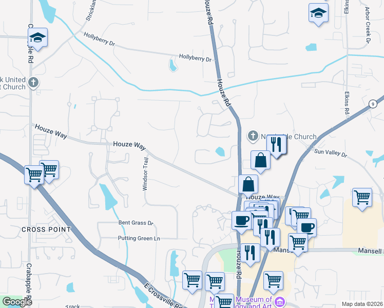 map of restaurants, bars, coffee shops, grocery stores, and more near 3065 Darien Park Drive in Roswell