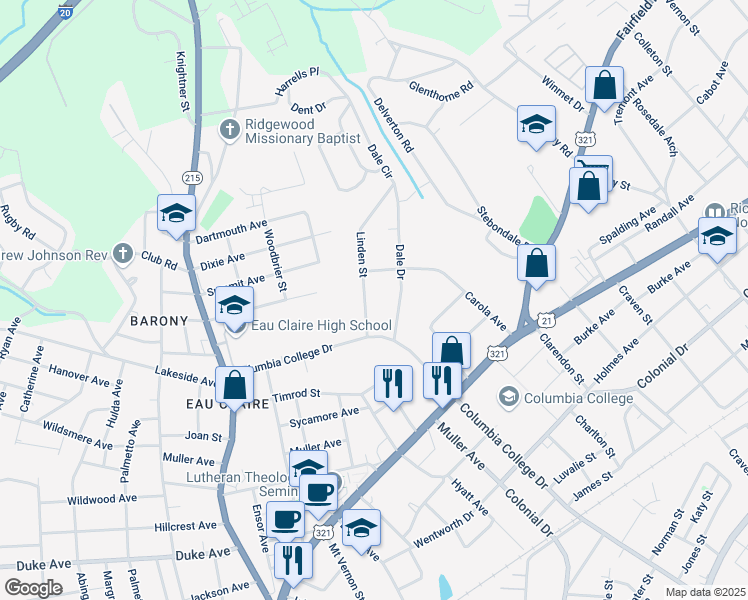 map of restaurants, bars, coffee shops, grocery stores, and more near 4735 Dale Drive in Columbia