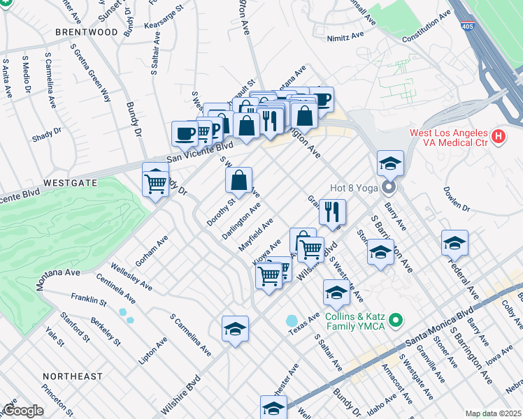 map of restaurants, bars, coffee shops, grocery stores, and more near 11908 Darlington Avenue in Los Angeles