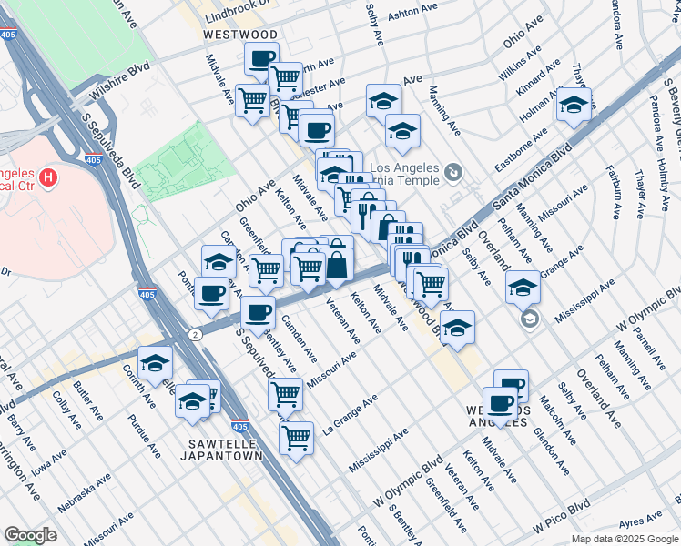 map of restaurants, bars, coffee shops, grocery stores, and more near 1778 Midvale Avenue in Los Angeles