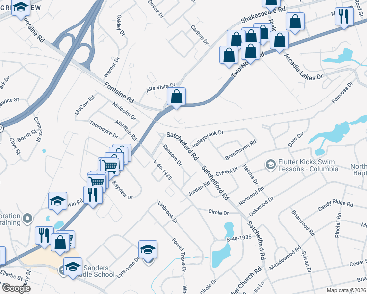 map of restaurants, bars, coffee shops, grocery stores, and more near 6821 Valleybrook Drive in Columbia