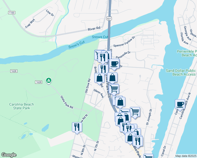 map of restaurants, bars, coffee shops, grocery stores, and more near 1336 Bridge Barrier Road in Carolina Beach