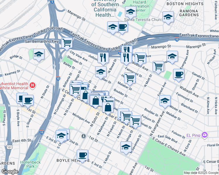 map of restaurants, bars, coffee shops, grocery stores, and more near 531 North Soto Street in Los Angeles