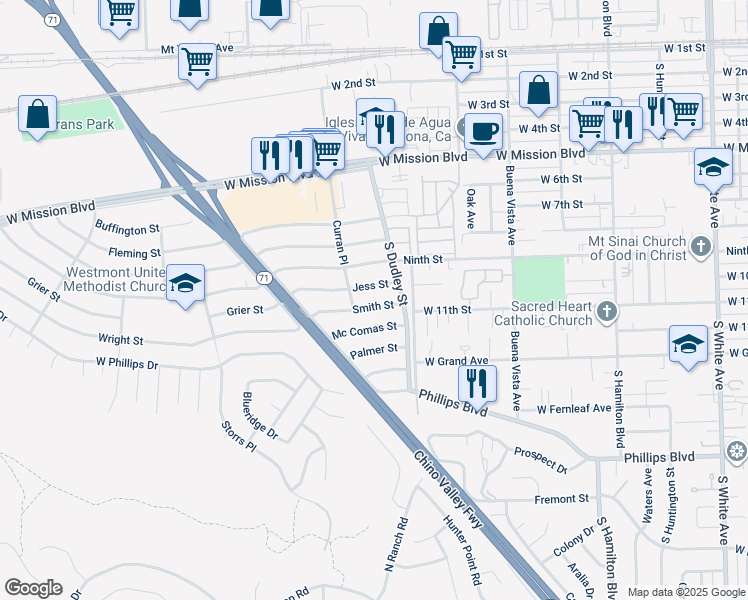 map of restaurants, bars, coffee shops, grocery stores, and more near 1557 Smith Street in Pomona