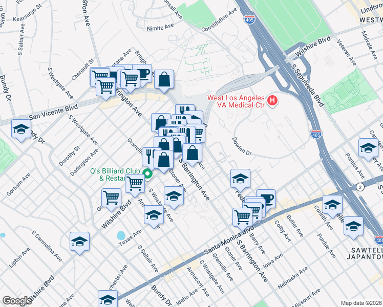 map of restaurants, bars, coffee shops, grocery stores, and more near 11620 Wilshire Boulevard in Los Angeles