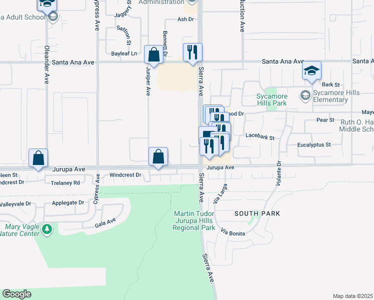 map of restaurants, bars, coffee shops, grocery stores, and more near 11001 Citrus Avenue in Fontana