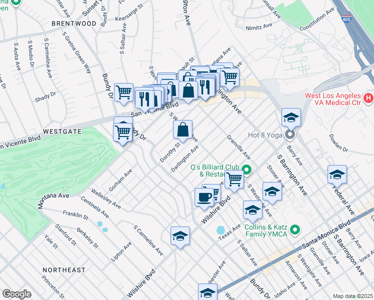 map of restaurants, bars, coffee shops, grocery stores, and more near 11937 Darlington Avenue in Los Angeles