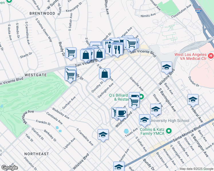 map of restaurants, bars, coffee shops, grocery stores, and more near 11937 Darlington Avenue in Los Angeles