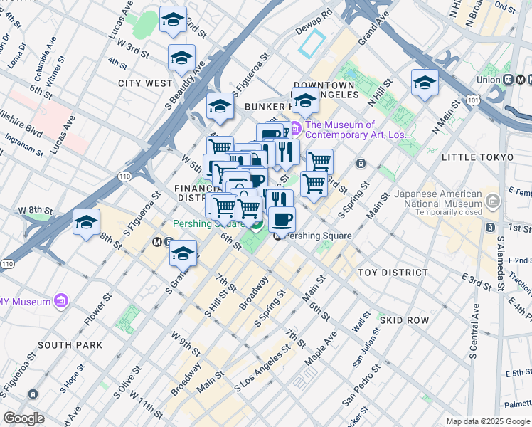 map of restaurants, bars, coffee shops, grocery stores, and more near 427 West 5th Street in Los Angeles