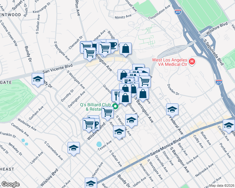map of restaurants, bars, coffee shops, grocery stores, and more near 11749 Goshen Avenue in Los Angeles