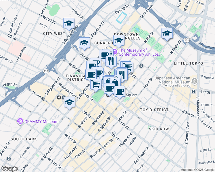map of restaurants, bars, coffee shops, grocery stores, and more near 437 South Hill Street in Los Angeles