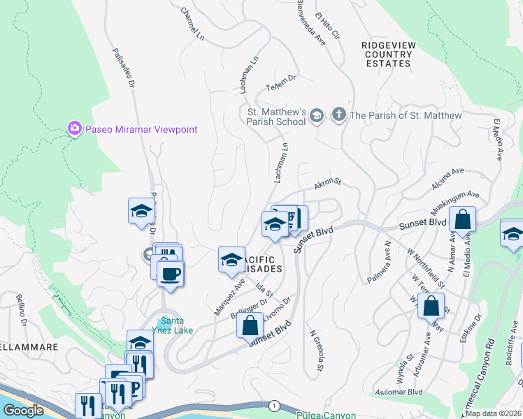 map of restaurants, bars, coffee shops, grocery stores, and more near 735 Lachman Lane in Los Angeles