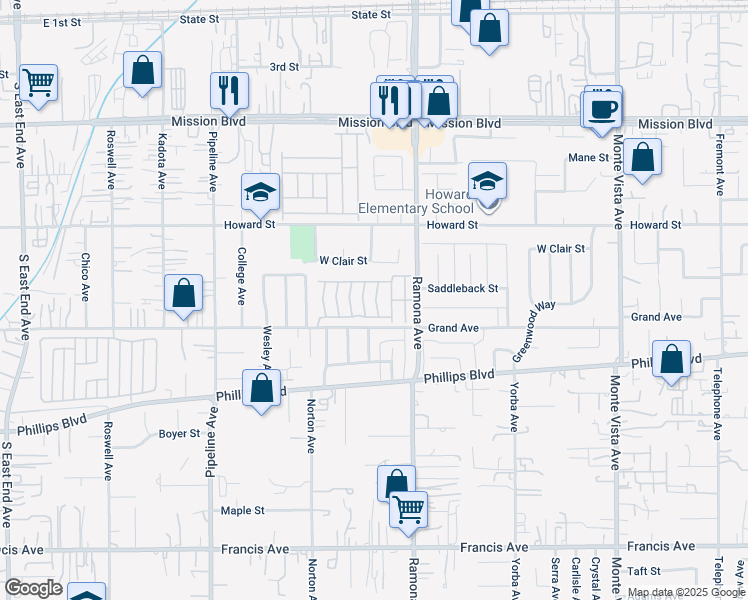 map of restaurants, bars, coffee shops, grocery stores, and more near 11250 Ramona Avenue in Montclair