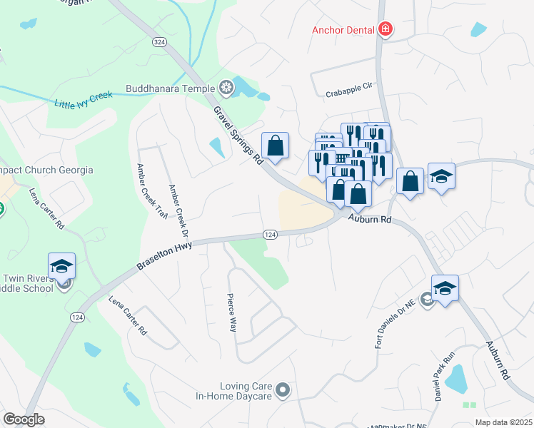 map of restaurants, bars, coffee shops, grocery stores, and more near 2021 Dennis Place in Buford