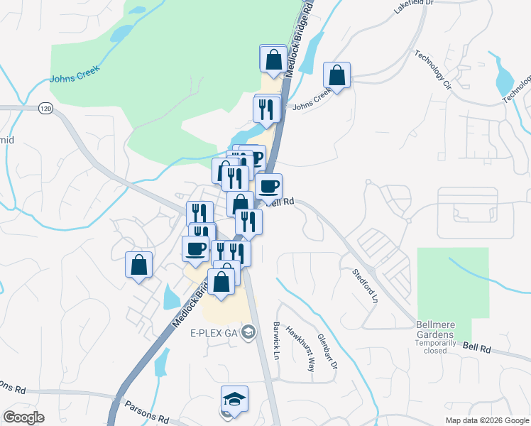 map of restaurants, bars, coffee shops, grocery stores, and more near 10970 Bell Road in Johns Creek