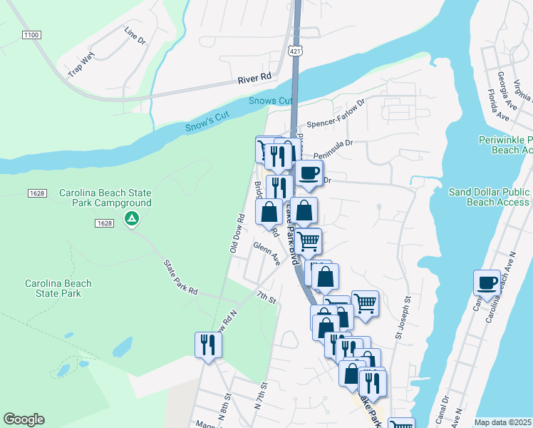 map of restaurants, bars, coffee shops, grocery stores, and more near 1336 Bridge Barrier Road in Carolina Beach