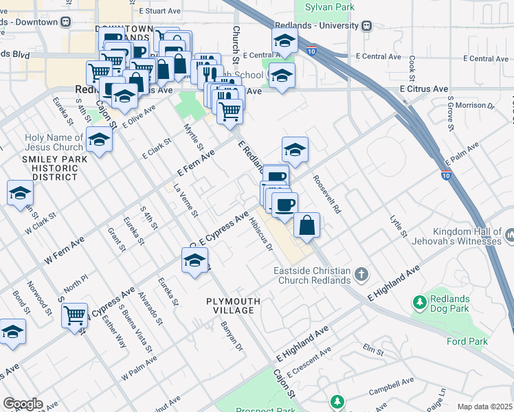 map of restaurants, bars, coffee shops, grocery stores, and more near 101 East Cypress Avenue in Redlands