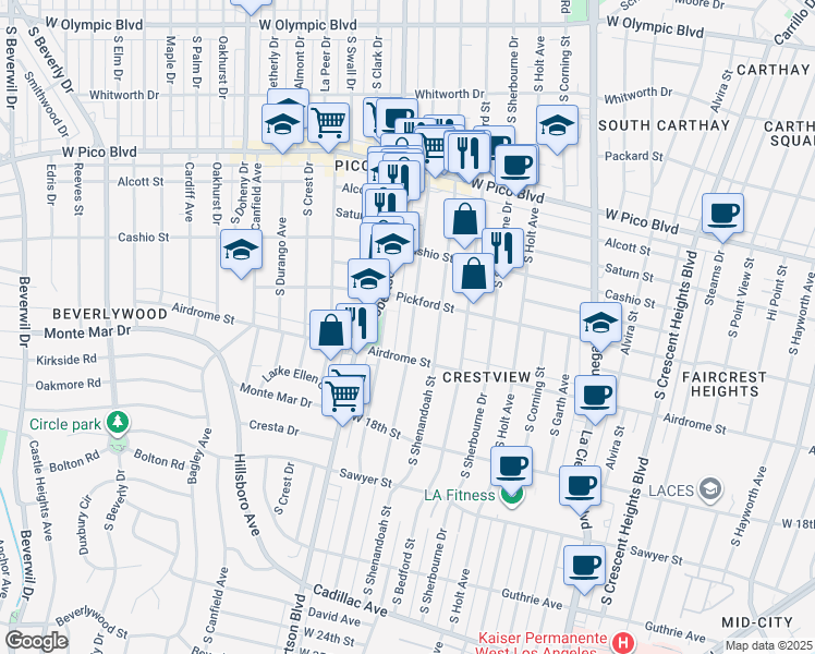 map of restaurants, bars, coffee shops, grocery stores, and more near 1627 South Wooster Street in Los Angeles