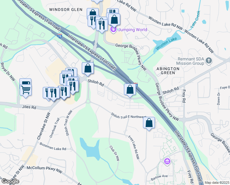 map of restaurants, bars, coffee shops, grocery stores, and more near 1417 Shiloh Road Northwest in Kennesaw