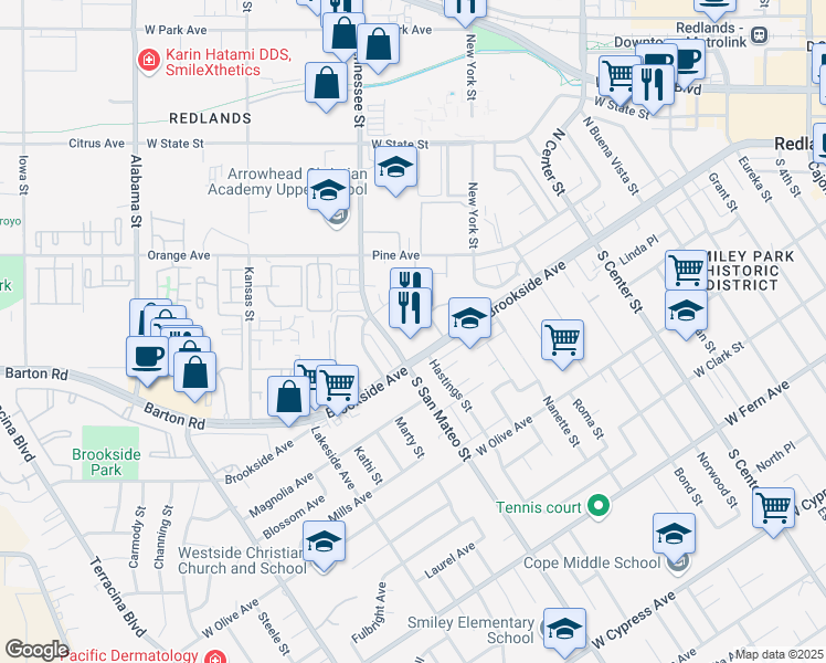 map of restaurants, bars, coffee shops, grocery stores, and more near 1150 Brookside Avenue in Redlands