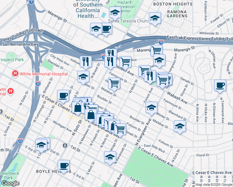 map of restaurants, bars, coffee shops, grocery stores, and more near 2505 Malabar Street in Los Angeles