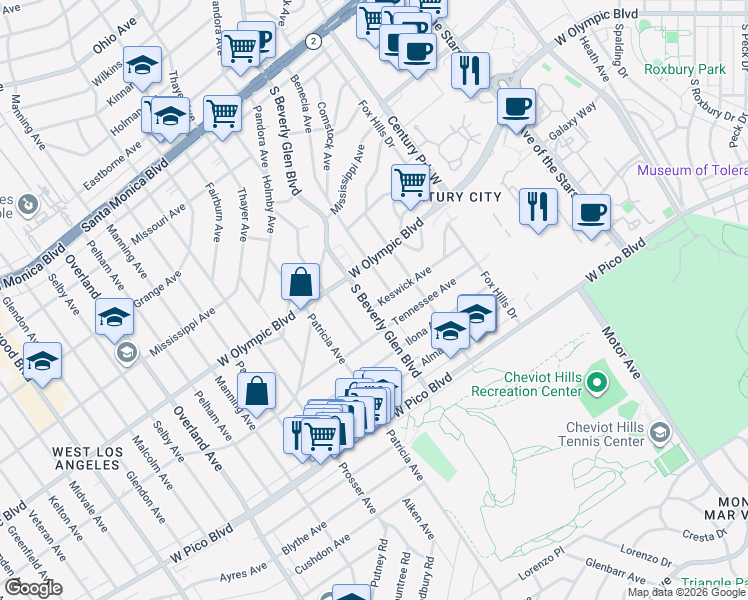 map of restaurants, bars, coffee shops, grocery stores, and more near 2240 South Beverly Glen Boulevard in Los Angeles