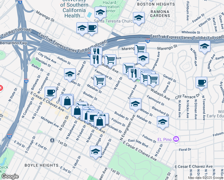 map of restaurants, bars, coffee shops, grocery stores, and more near 2522 1/2 Houston Street in Los Angeles