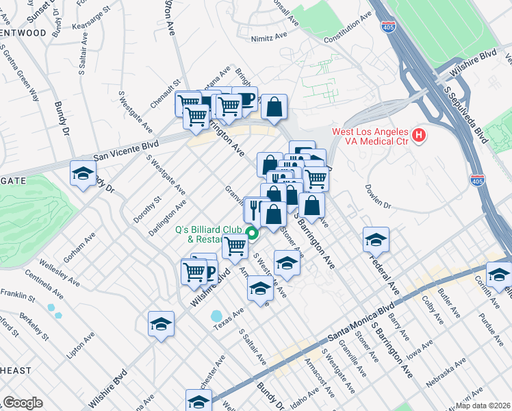 map of restaurants, bars, coffee shops, grocery stores, and more near 11749 Goshen Avenue in Los Angeles