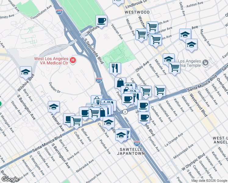 map of restaurants, bars, coffee shops, grocery stores, and more near 11166 Ohio Avenue in Los Angeles