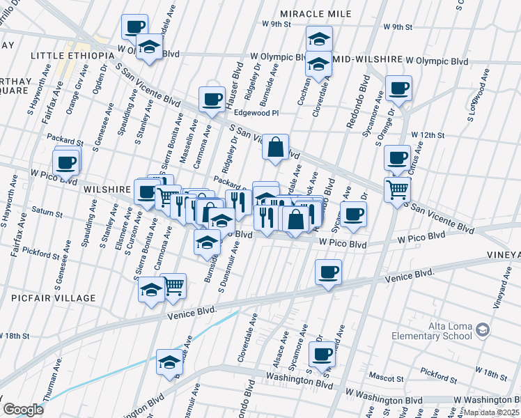 map of restaurants, bars, coffee shops, grocery stores, and more near 1347 South Cochran Avenue in Los Angeles