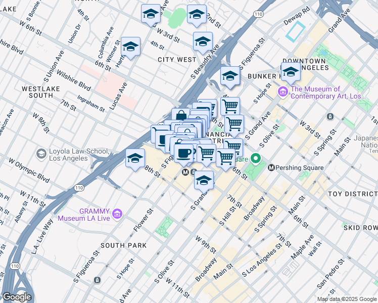 map of restaurants, bars, coffee shops, grocery stores, and more near 811 Wilshire Boulevard in Los Angeles