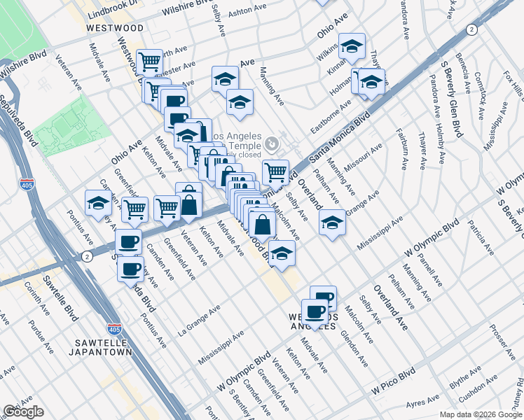 map of restaurants, bars, coffee shops, grocery stores, and more near 1818 Glendon Avenue in Los Angeles