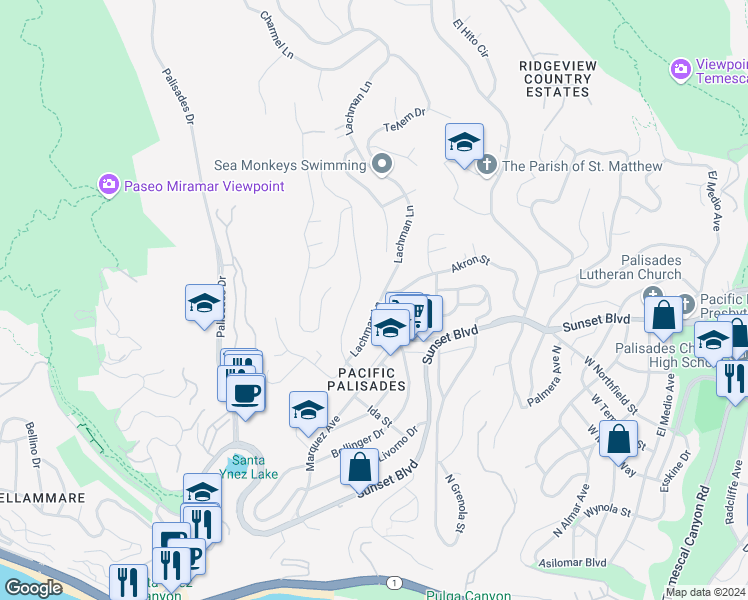 map of restaurants, bars, coffee shops, grocery stores, and more near 735 Lachman Lane in Los Angeles