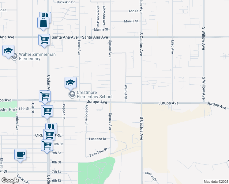 map of restaurants, bars, coffee shops, grocery stores, and more near 11225 Spruce Avenue in Bloomington