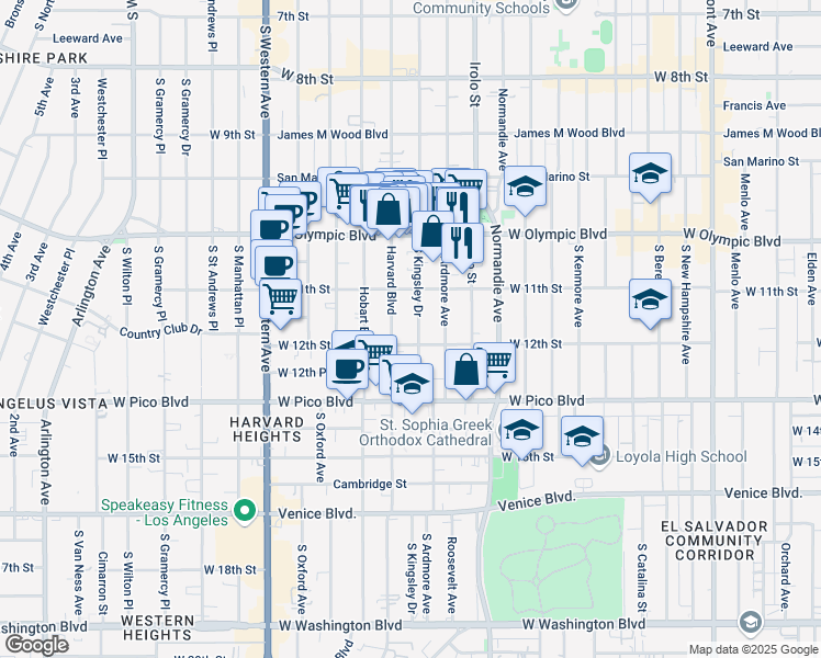 map of restaurants, bars, coffee shops, grocery stores, and more near 1145 South Kingsley Drive in Los Angeles