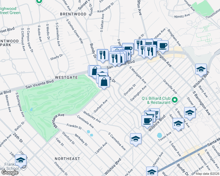 map of restaurants, bars, coffee shops, grocery stores, and more near 818 South Gretna Green Way in Los Angeles