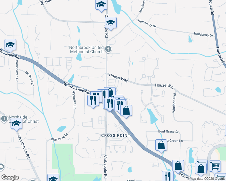 map of restaurants, bars, coffee shops, grocery stores, and more near 8650 Parker Place in Roswell