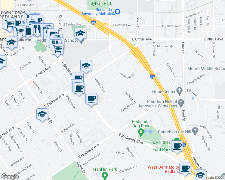 map of restaurants, bars, coffee shops, grocery stores, and more near 719 Coronado Drive in Redlands