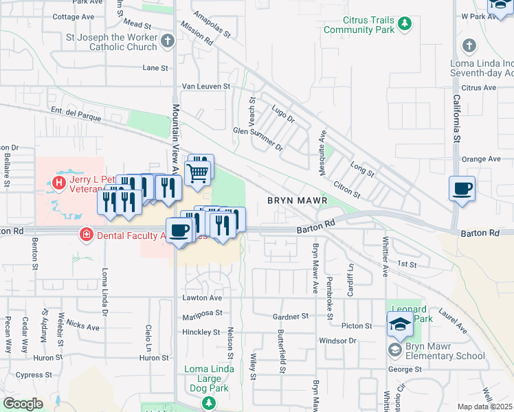 map of restaurants, bars, coffee shops, grocery stores, and more near 25972 Barton Road in Loma Linda