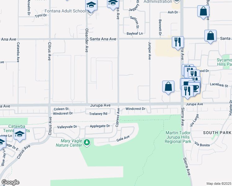 map of restaurants, bars, coffee shops, grocery stores, and more near 11250 Cypress Avenue in Fontana