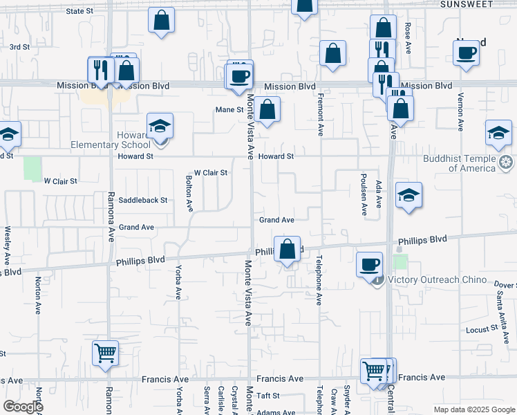 map of restaurants, bars, coffee shops, grocery stores, and more near 11231 Big Sky Avenue in Montclair