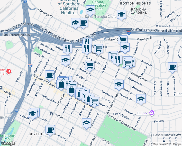 map of restaurants, bars, coffee shops, grocery stores, and more near 2506 Houston Street in Los Angeles