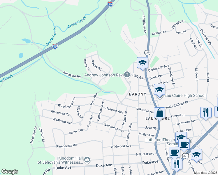 map of restaurants, bars, coffee shops, grocery stores, and more near 320 Club Road in Columbia