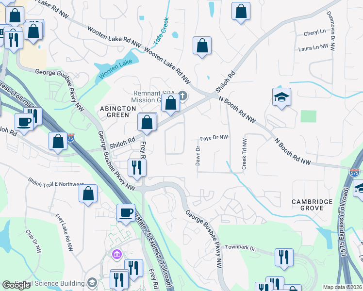 map of restaurants, bars, coffee shops, grocery stores, and more near 4171 Shiloh Ridge Trail in Kennesaw