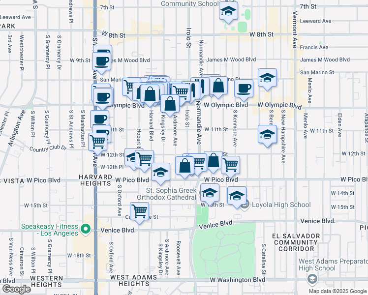 map of restaurants, bars, coffee shops, grocery stores, and more near 1143 Irolo Street in Los Angeles