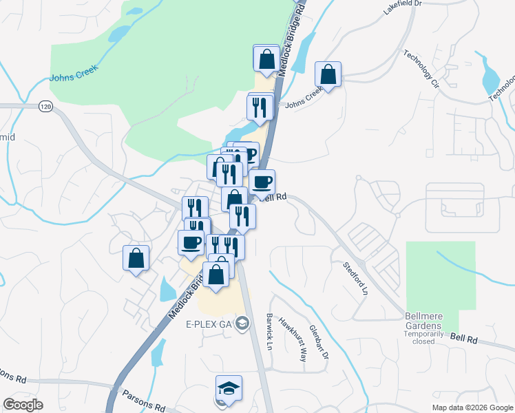 map of restaurants, bars, coffee shops, grocery stores, and more near 1900 Everly Lane in Johns Creek