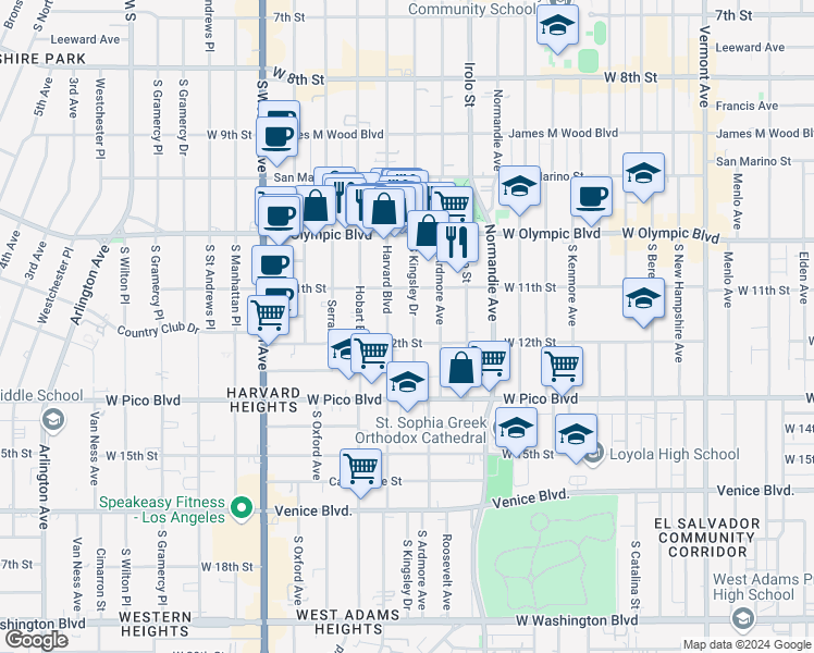map of restaurants, bars, coffee shops, grocery stores, and more near 1145 South Kingsley Drive in Los Angeles
