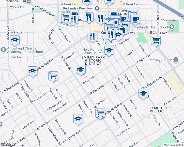 map of restaurants, bars, coffee shops, grocery stores, and more near 230 South Buena Vista Street in Redlands